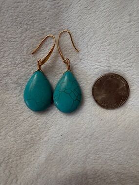 Turquoise Teardrop Stone Earrings with Gold Wire Hooks
